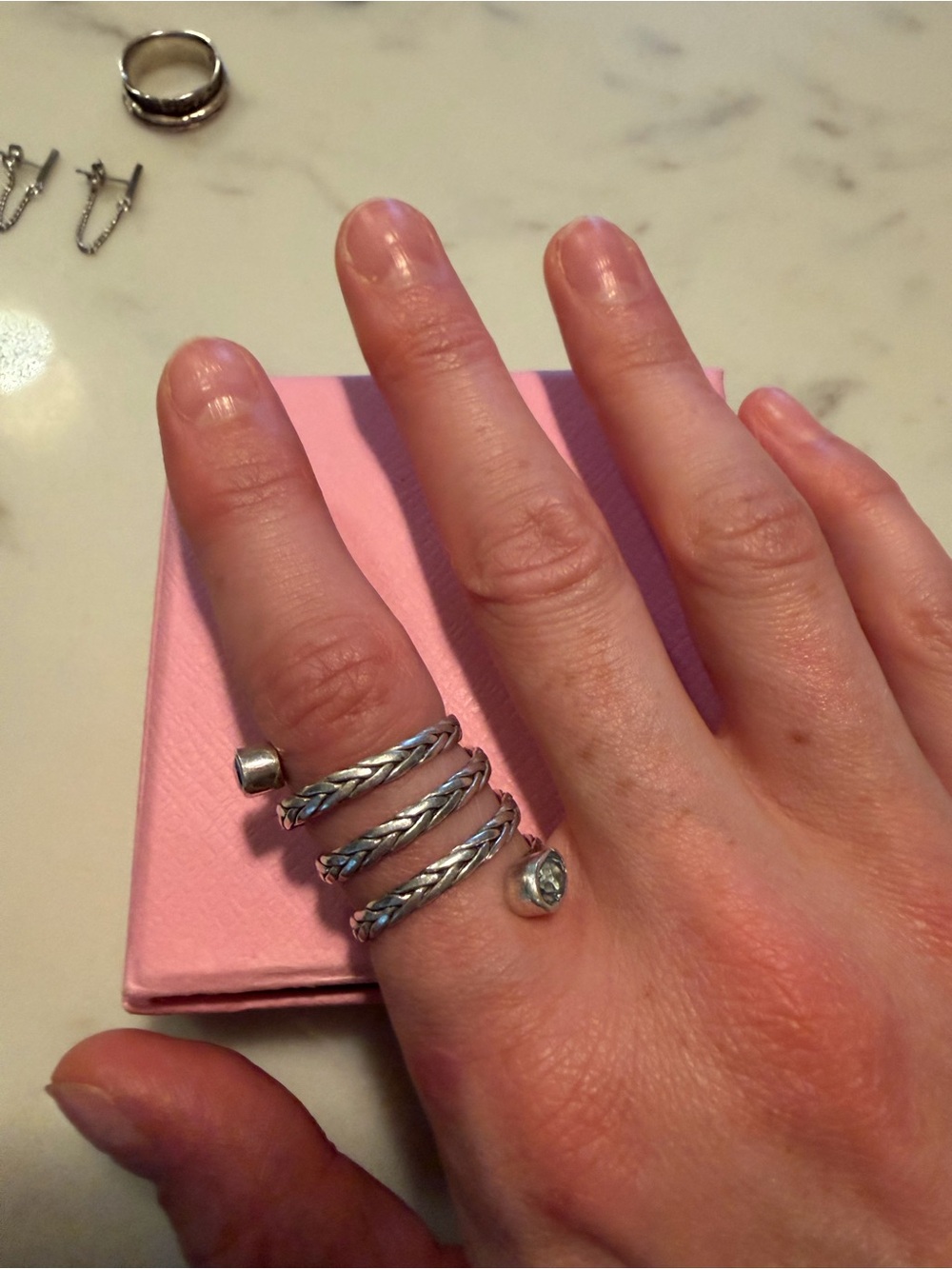 Silver Braided Open Wrap Ring - aquamarine brith stone march adjustable!